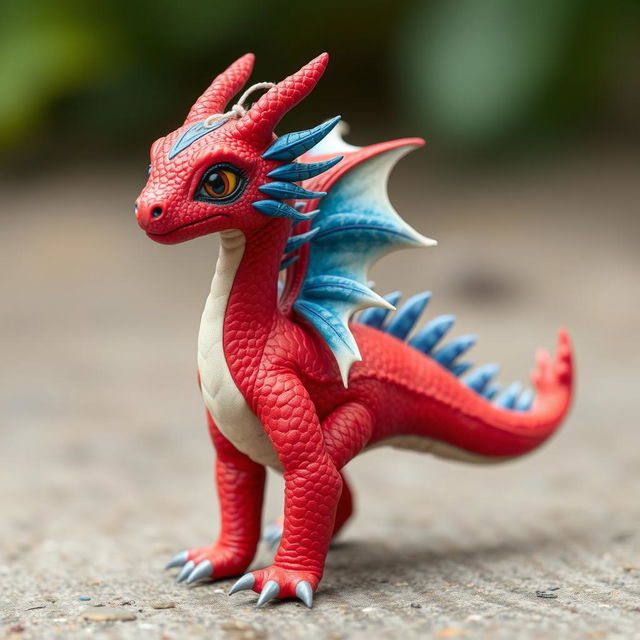 A young red humanoid dragon with blue features on its back and blue and white feathers along its spine, with a white thread on its head