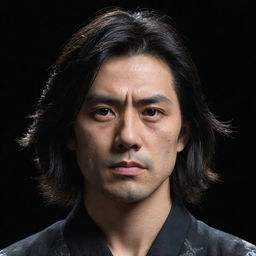 A detailed, intricate portrait of a man with a cold, expressionless face, black, shoulder-length hair, resembling a Samurai styled in anime, bathed in light that highlights his beauty against a black background.