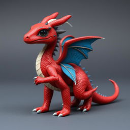 A young red humanoid dragon with blue features on its back and blue and white feathers along its spine, with a white thread on its head