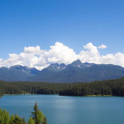 A beautiful landscape featuring a serene lake surrounded by lush green forests and majestic mountains in the background, under a clear blue sky with fluffy white clouds