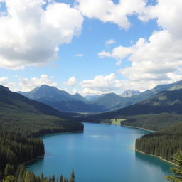 A beautiful landscape featuring a serene lake surrounded by lush green forests and majestic mountains in the background, under a clear blue sky with fluffy white clouds