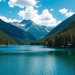 A beautiful landscape featuring a serene lake surrounded by lush green forests and majestic mountains in the background, under a clear blue sky with fluffy white clouds