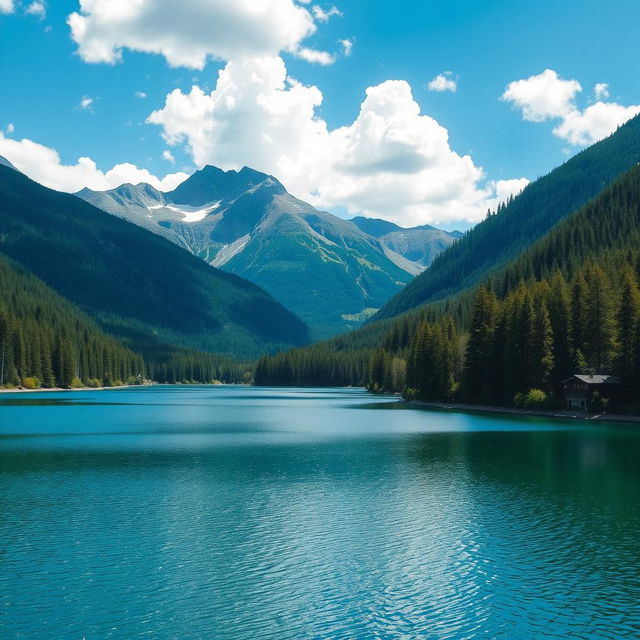 A beautiful landscape featuring a serene lake surrounded by lush green forests and majestic mountains in the background, under a clear blue sky with fluffy white clouds