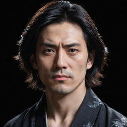 A detailed, intricate portrait of a man with a cold, expressionless face, black, shoulder-length hair, resembling a Samurai styled in anime, bathed in light that highlights his beauty against a black background.