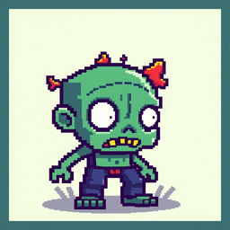 A pixel art depiction of a zombie character, featuring blocky and vibrant colors