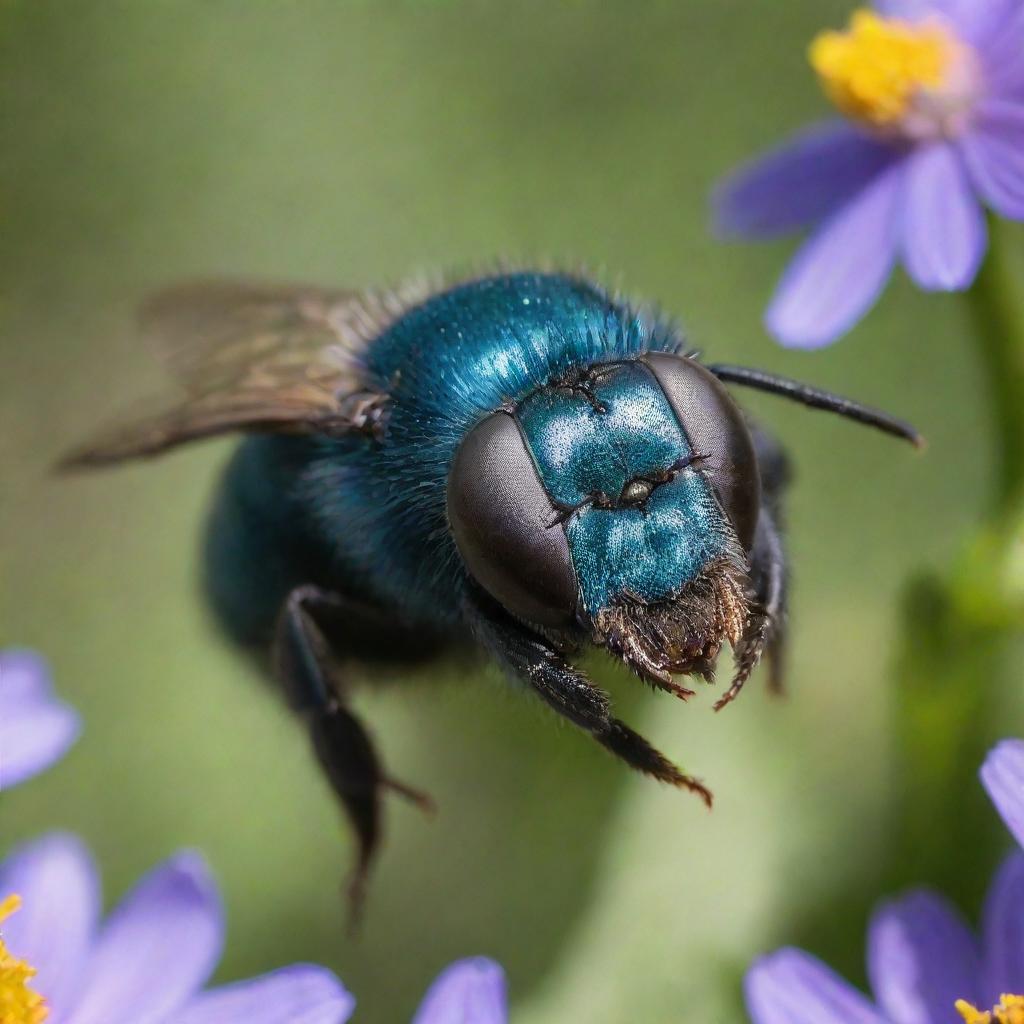 A detailed close-up of a mason bee. It has metallic blue-green body displaying intricate textures. It's placed against a blurred background of wildflowers and leaves, capturing the essence of a warm, sunny day.