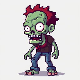 A pixel art depiction of a zombie character, featuring blocky and vibrant colors