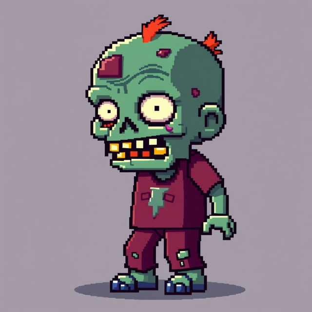 A pixel art depiction of a zombie character, featuring blocky and vibrant colors