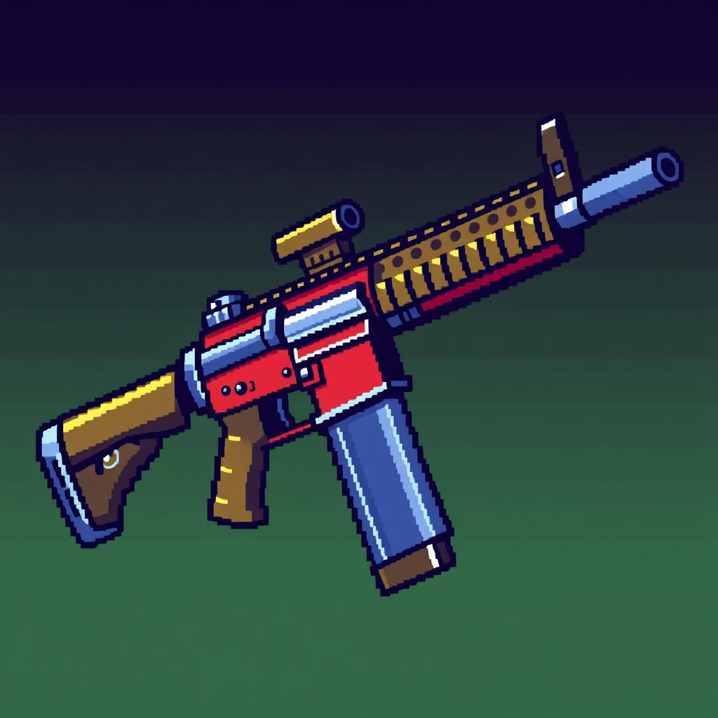 A pixel art depiction of an M4 assault rifle, featuring blocky and vibrant colors