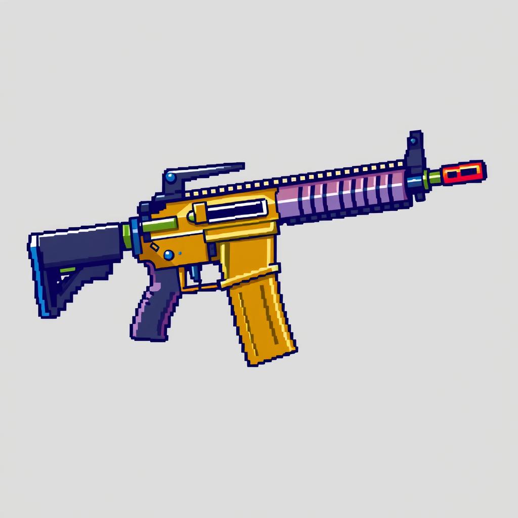 A pixel art depiction of an M4 assault rifle, featuring blocky and vibrant colors