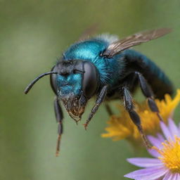 A detailed close-up of a mason bee. It has metallic blue-green body displaying intricate textures. It's placed against a blurred background of wildflowers and leaves, capturing the essence of a warm, sunny day.