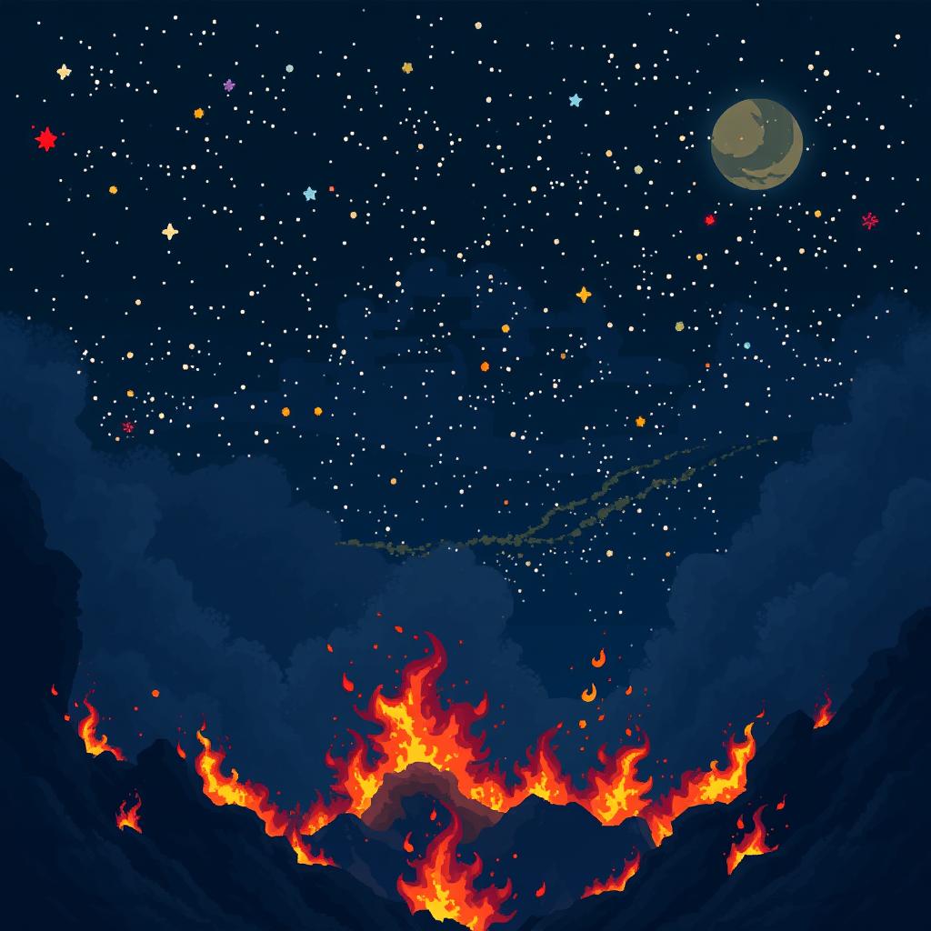 Create a pixel art night sky filled with stars and flames, designed in the style of a platformer or beat 'em up game