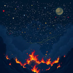 Create a pixel art night sky filled with stars and flames, designed in the style of a platformer or beat 'em up game