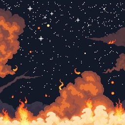 Create a pixel art night sky filled with stars and flames, designed in the style of a platformer or beat 'em up game