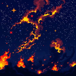 Create a pixel art night sky filled with stars and flames, designed in the style of a platformer or beat 'em up game