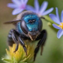 A detailed close-up of a mason bee. It has metallic blue-green body displaying intricate textures. It's placed against a blurred background of wildflowers and leaves, capturing the essence of a warm, sunny day.