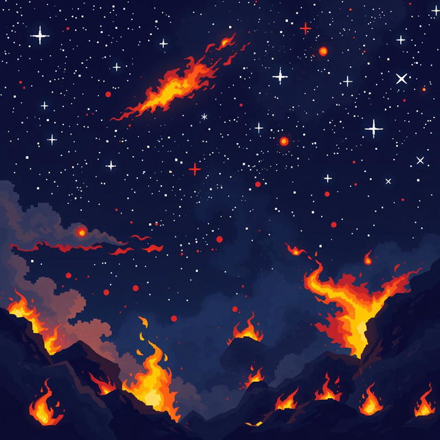 Create a pixel art night sky filled with stars and flames, designed in the style of a platformer or beat 'em up game