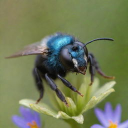 A detailed close-up of a mason bee. It has metallic blue-green body displaying intricate textures. It's placed against a blurred background of wildflowers and leaves, capturing the essence of a warm, sunny day.