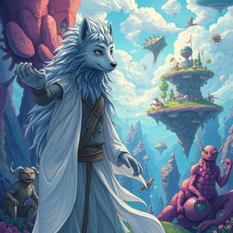 A surreal illustration of an onironaut man with grey fur, a dream traveler navigating through a fantastical landscape