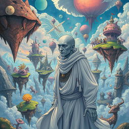 A surreal illustration of an onironaut man with grey skin, a dream traveler navigating through a fantastical landscape