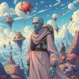 A surreal illustration of an onironaut man with grey skin, a dream traveler navigating through a fantastical landscape