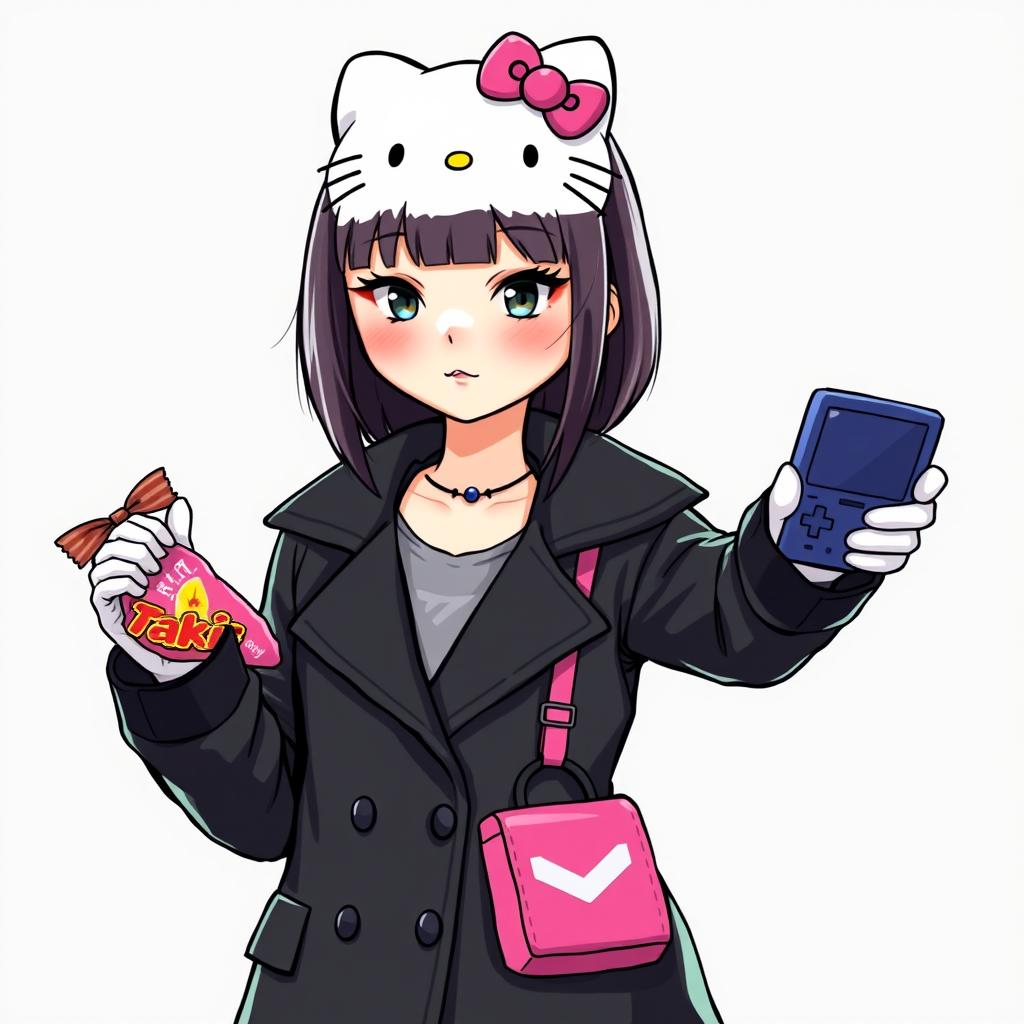 Create an image of Hello Kitty styled as a young woman wearing a black coat
