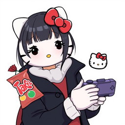 Create an image of Hello Kitty styled as a young woman wearing a black coat