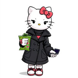 Create an image of Hello Kitty styled as a young woman wearing a black coat