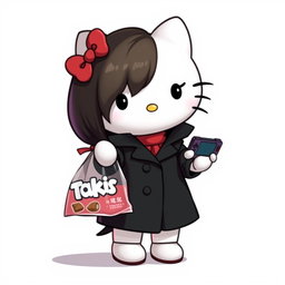 Create an image of Hello Kitty styled as a young woman wearing a black coat