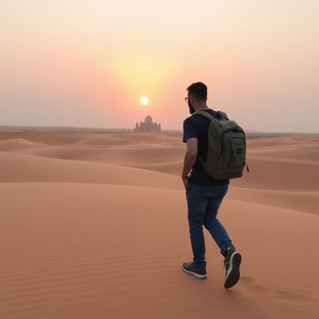 A man with a backpack for travelling is walking alone in a vast desert