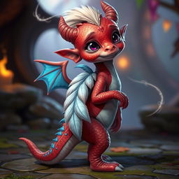 A humanoid red Dragonborn child with blue details on its back, white and blue feathers on its back, and a long white thread on its head