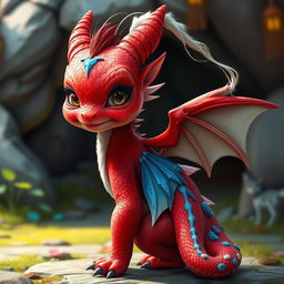 A humanoid red Dragonborn child with blue details on its back, white and blue feathers on its back, and a long white thread on its head
