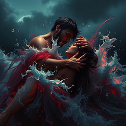 Create a photorealistic artwork inspired by a passionate and tumultuous relationship under a midnight sky