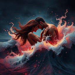 Create a photorealistic artwork inspired by a passionate and tumultuous relationship under a midnight sky