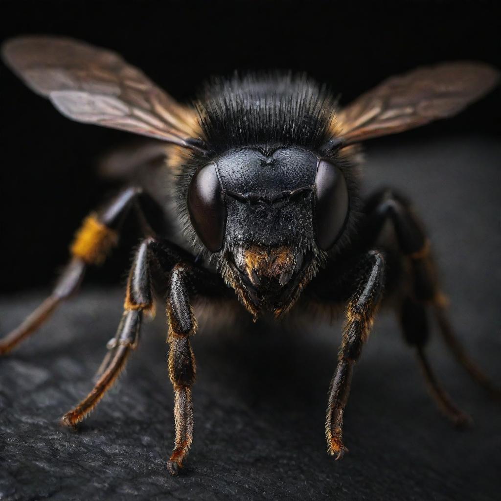 A wild bee with detailed textures, showcasing an intense, bold black color