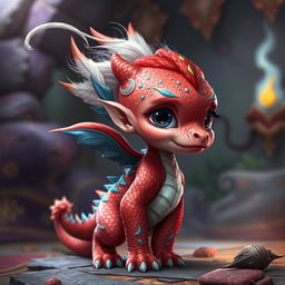 A human-like red Dragonborn child with blue details on its back, white and blue feathers on its back, and a long white thread on its head