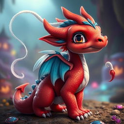 A human-like red dragon child with blue details on its back, white and blue feathers on its back, and a long white thread on its head