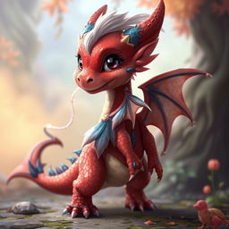 A human-like red dragon child with blue details on its back, white and blue feathers on its back, and a long white thread on its head