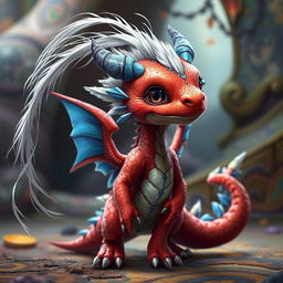 A human-like red dragon child with blue details on its back, white and blue feathers on its back, and a long white thread on its head
