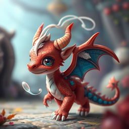 A human-like red dragon child with blue details on its back, white and blue feathers on its back, and a long white thread on its head