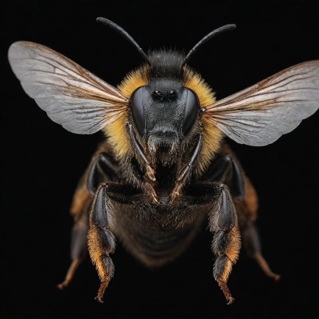 A wild bee with detailed textures, showcasing an intense, bold black color