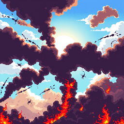 Create a pixel art daytime sky engulfed in flames, designed in the style of a platformer or beat 'em up game