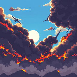 Create a pixel art daytime sky engulfed in flames, designed in the style of a platformer or beat 'em up game