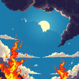 Create a pixel art daytime sky engulfed in flames, designed in the style of a platformer or beat 'em up game