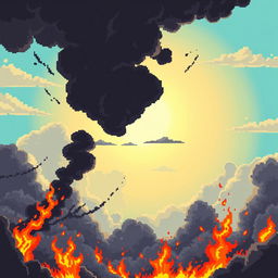 Create a pixel art daytime sky engulfed in flames, designed in the style of a platformer or beat 'em up game