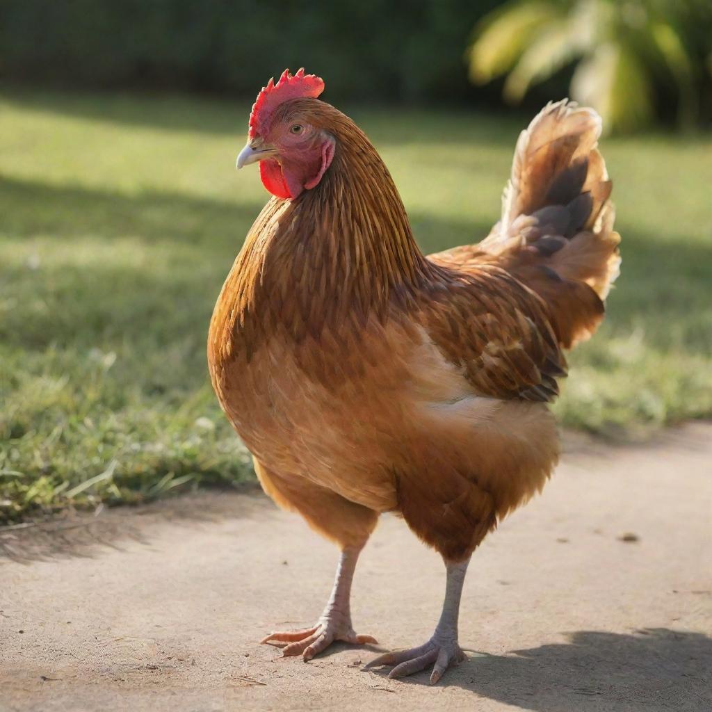 A well-detailed image of a ripe chicken in a natural outdoor setting with feathers catching the sunlight.