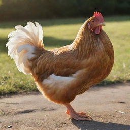 A well-detailed image of a ripe chicken in a natural outdoor setting with feathers catching the sunlight.