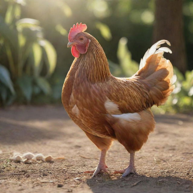 A well-detailed image of a ripe chicken in a natural outdoor setting with feathers catching the sunlight.