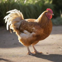 A well-detailed image of a ripe chicken in a natural outdoor setting with feathers catching the sunlight.