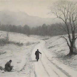 Illustration depicting scenes from the novella 'Intermezzo' by Mykhailo Kotsiubynsky, emphasizing the contrast between the natural landscape and the plight of the protagonist.